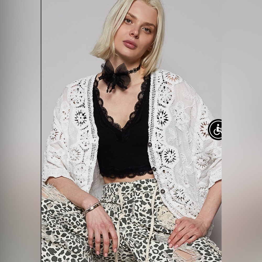 POL White Bolero Cardigan Cotton Embroidered Crochet Lace - Picture 3 of 3
